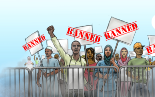 Drawing of protesters depicting the plight of human rights defenders in Chad