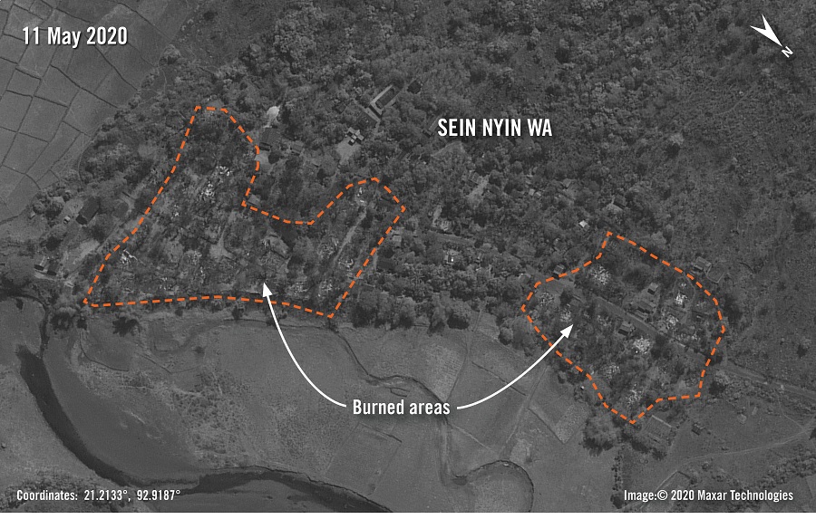 Satellite imagery showing a village burned. Civilians blamed Myanmar military attacks in the area.