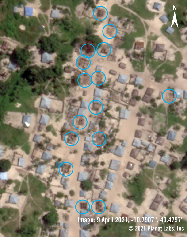 Satellite imagery from 9 April highlights – with blue circles – before and after structures, likely homes, were damaged or destroyed in the area southeast of the town centre. © 2021 Planet Labs, Inc.