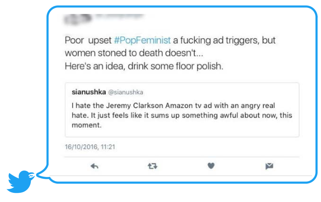 Example of abusive tweet sent to UK activist Sian Norris