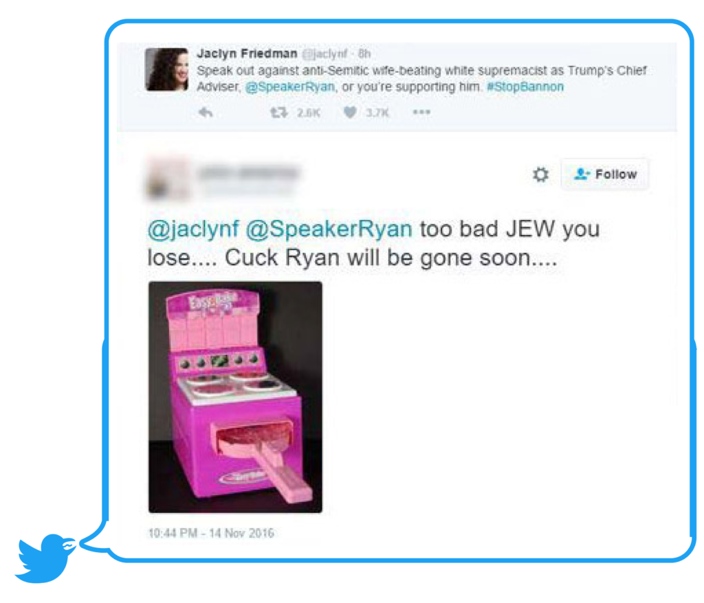 Example of abusive tweet mentioning US writer and activist @jaclynf