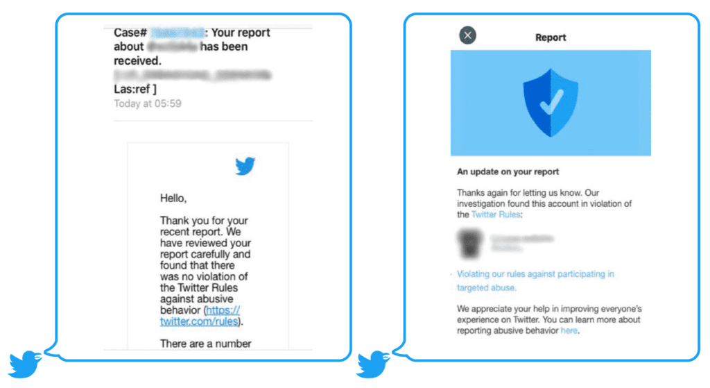 Report of abusive tweet by found not to be in violation of Twitter’srules. (left)