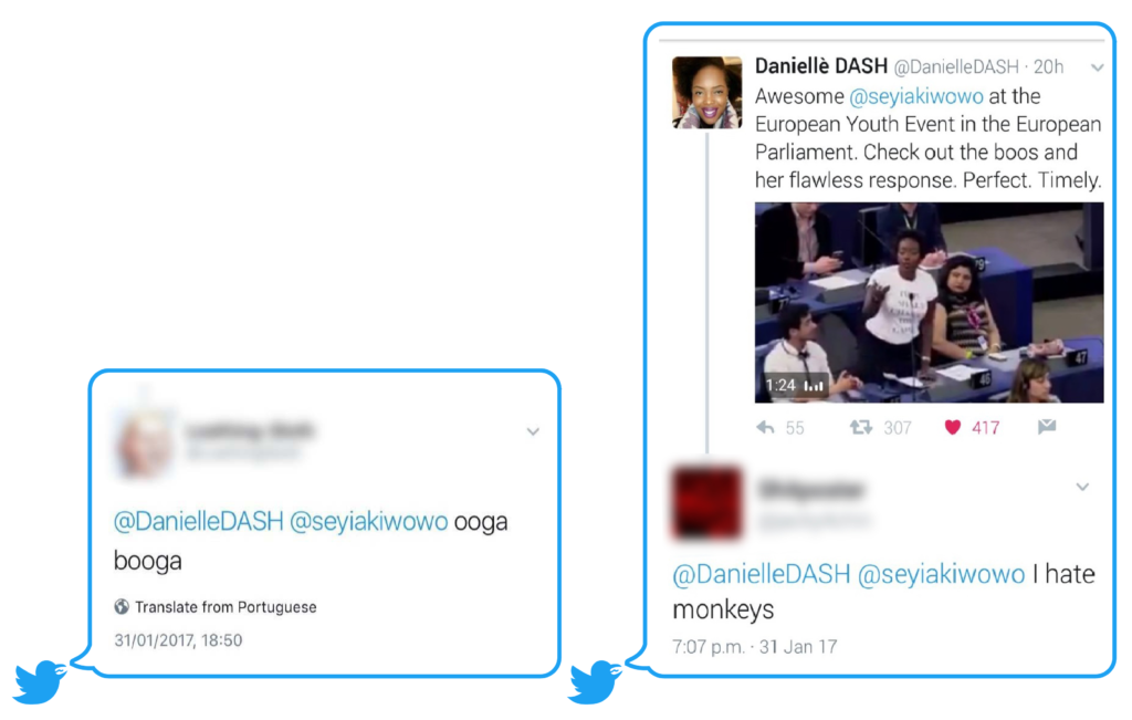 Examples of abusive tweets mentioning UK Politician and activist @seyiakiwowo and @DanielleDASH.