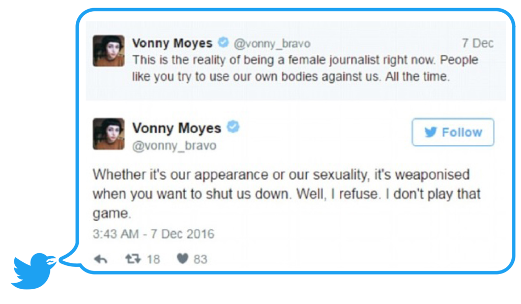 Tweets by UK journalist @vonny_bravo highlighting violence and abuse online against women journalists.