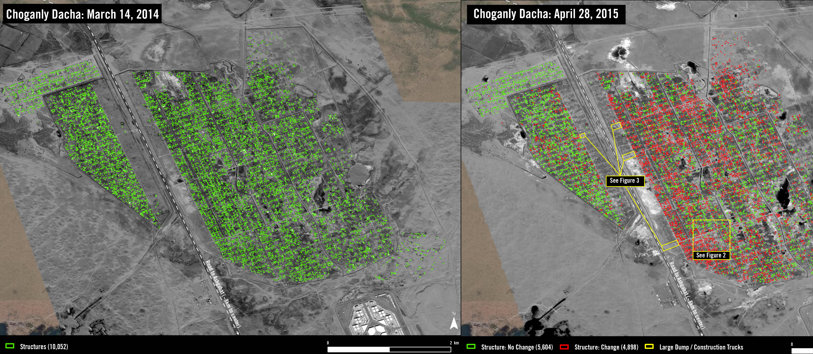 Satellite imagery traces destruction in the Choganly neighbourhood from 2014 to 2015. 
The March 2014 image, on the left, depicts 10,052 structures, while only 5,604
appear to still be standing in the April 2015 image, to the right. Within 13 months some 4,898 structures appeared to have been demolished, amounting to nearly 475,000 square metres of homes and other residential structures.
 © DigitalGlobe