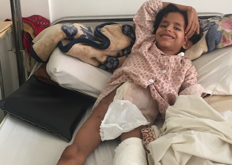 Salah, 9, at the al-Thawra hospital where he was recovering from injuries sustained from an anti-aircraft projectile on 6 May