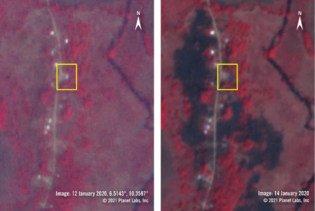 Imagery from January 2020 shows a village in the Kimbi area using the near infrared band which highlights healthy vegetation in red tones and recently burned areas in brown, black tones. Between 12 and 14 January 2020, a large amount of vegetation has been burned in the village and one metal roof structure appears destroyed.