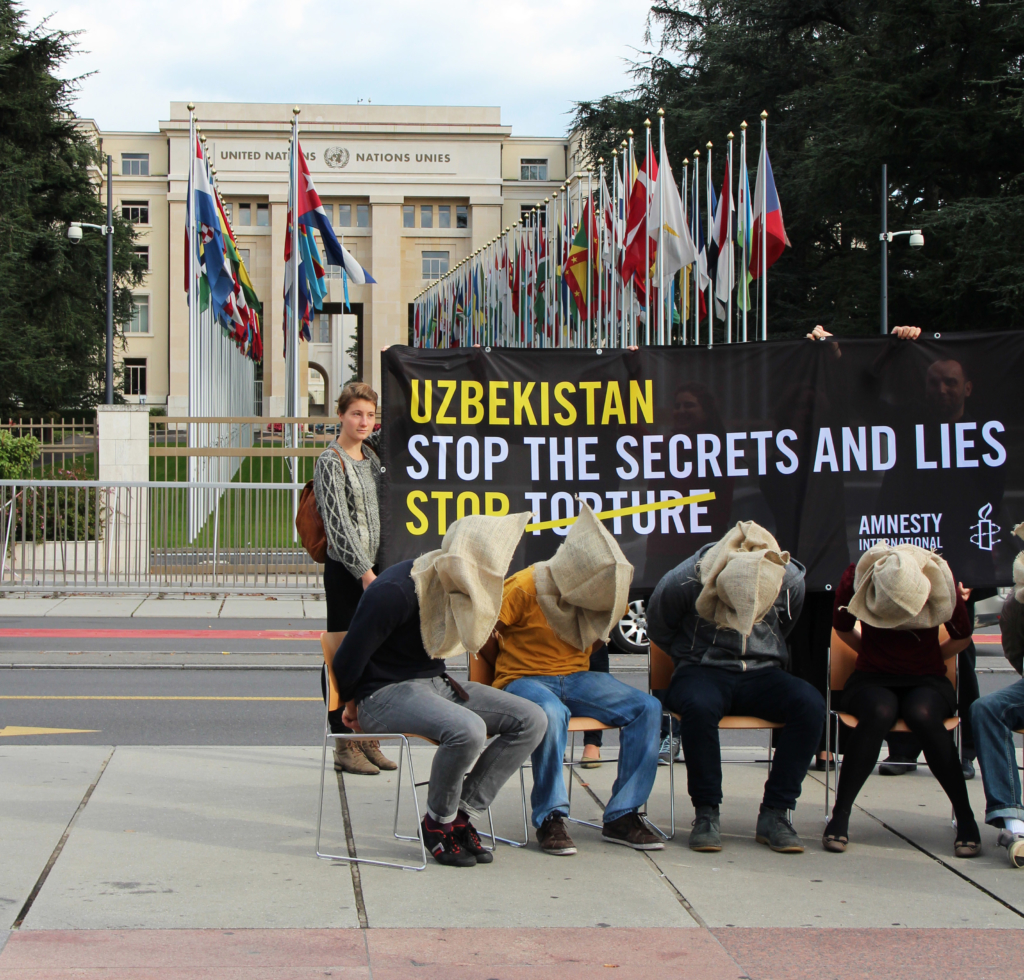 Amnesty activists protest against torture in Uzbekistan at the United Nations.