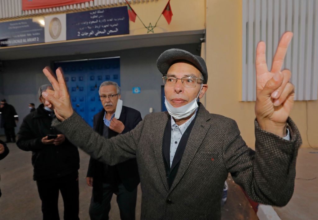 Maati Monjib pictured upon his release from El Arjate prison near the Moroccan capital Rabat on March 23, 2021. (Credit STR/AFP via Getty Images)