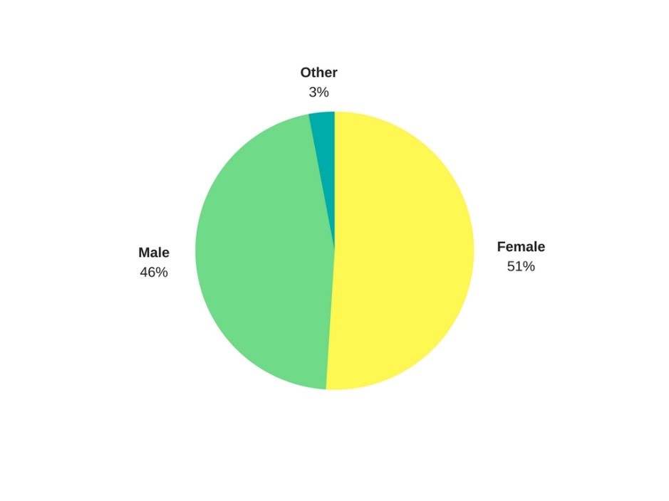 51% of learners identified as female, 46% male and 3% as 'other' when registered to the first course.