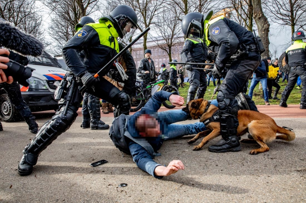 Police officers detain a protester during a protest on the Malieveld against the coronavirus policies and the government