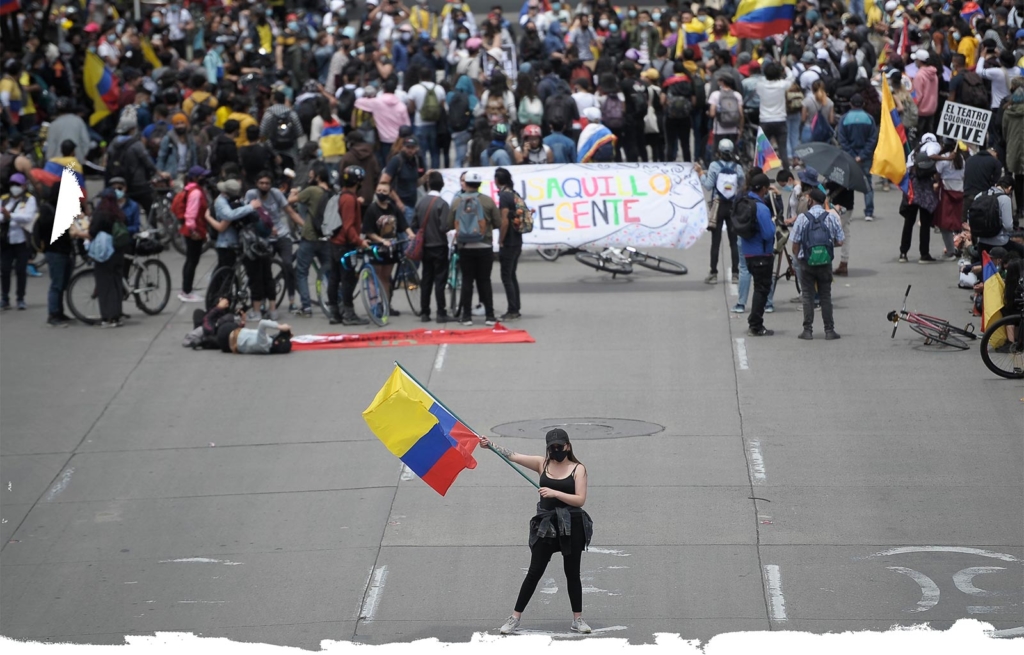 Protesters demonstrate in a peaceful manner at the 2021 National Strike in Colombia