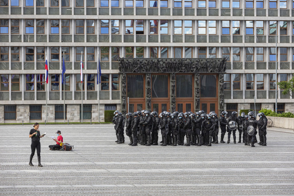 Peaceful reading of the Constitution in front of the Slovenian parliament, June 2020.