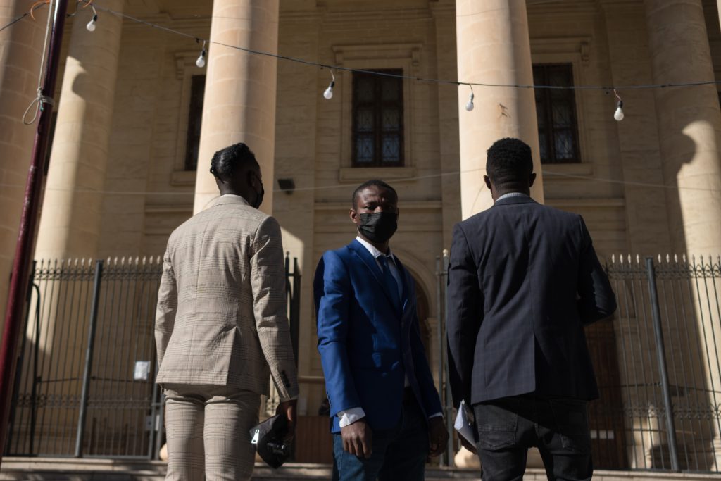 The El Hiblu 3 outside court in Malta