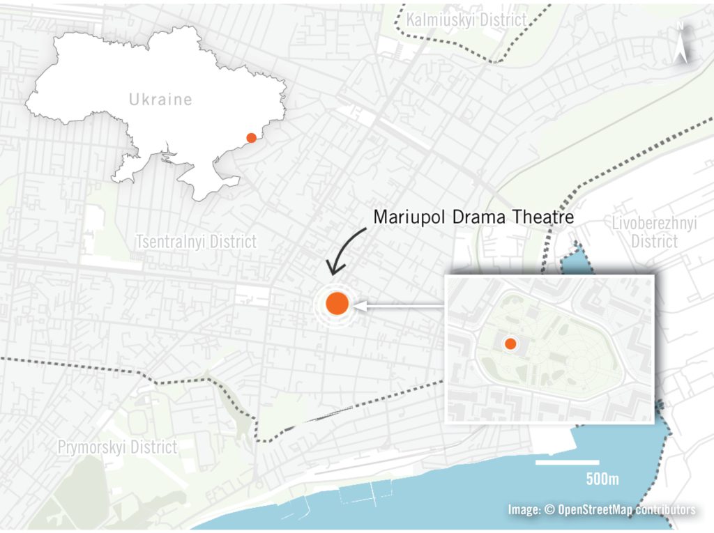 	Mapa con la ubicación del teatro en la ciudad de Mariúpol y mapa con la ubicación de la ciudad en Ucrania.