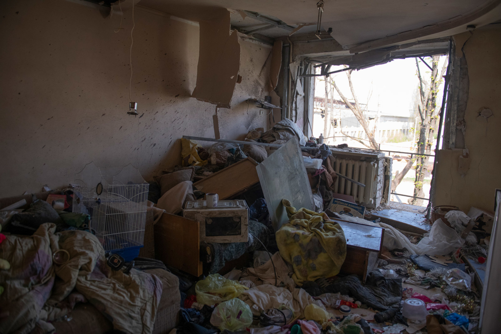 A destroyed apartment in a building in Nova Bavariya Avenue, where a multi-rocket strike killed at least seven civilians and injured more than 70 on 1 March.
