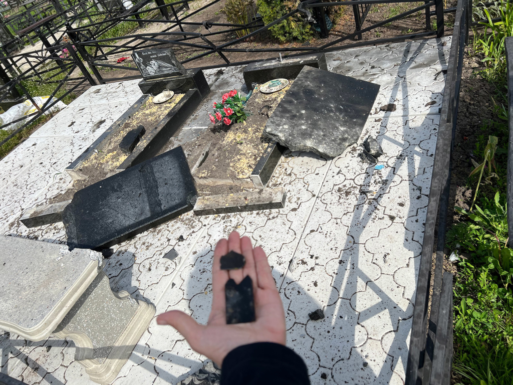 Shrapnel from the cluster munitions which exploded on 28 April in the cemetery in Kotliary, near Kharkiv airport; the strike killed Valerii Zaborskyi as he stood by his father’s grave and injured several others.