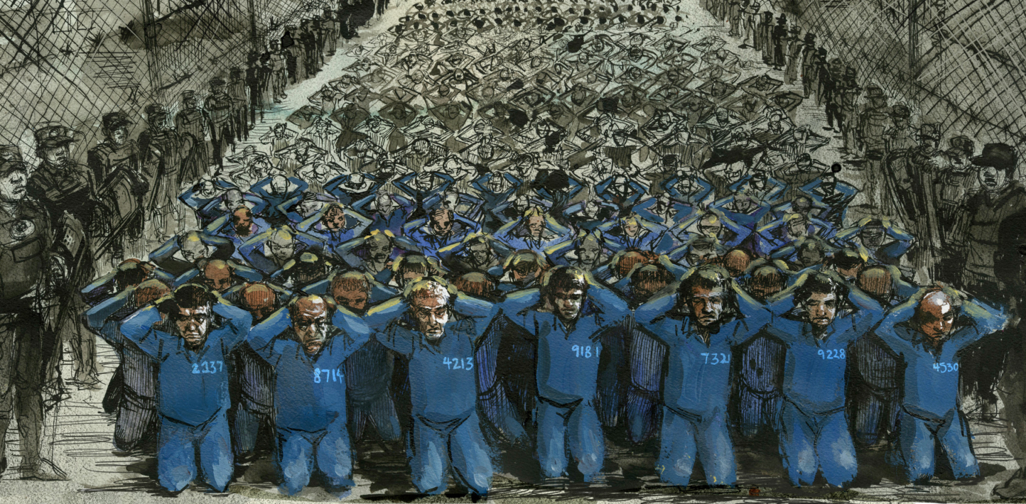 Illustration by Molly Crabapple, showing arbitrary detention at an internment camp in Xinjiang.