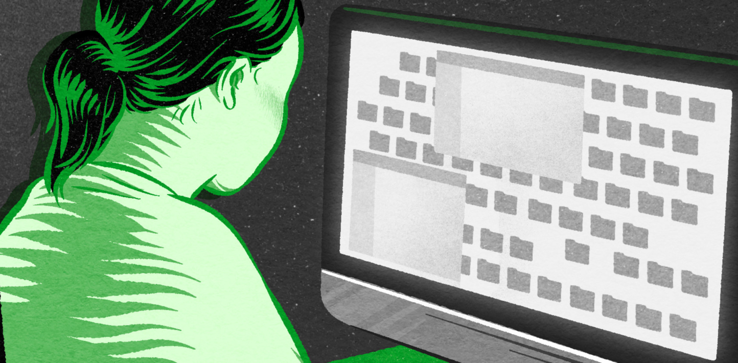 Illustration of woman at computer screen