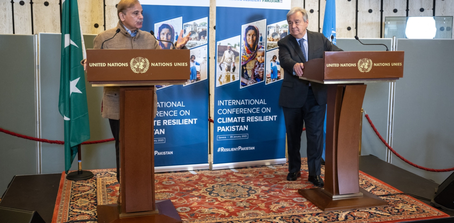 Pakistan's Prime Minister Shehbaz Sharif (L) and UN Secretary-General Antonio Guterres (L) give statements during Pakistan's Resilience to Climate Change conference in Geneva on January 9, 2023. - The UN chief called on January 9 for "massive investments" to help Pakistan recover from last year's devastating floods, saying the country was "doubly victimised" by climate change and a "morally bankrupt global financial system".