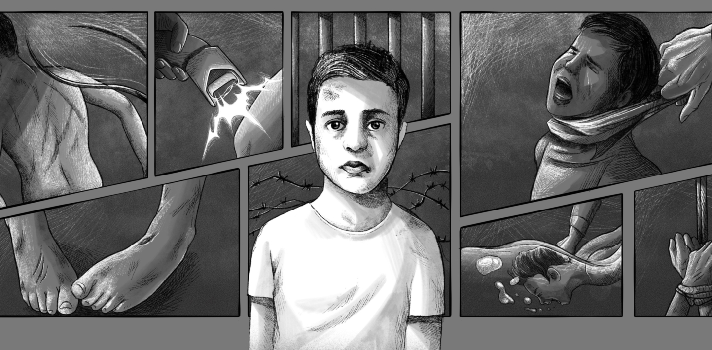 Black and white graphic novel style illustration showing a clips of a child and methods of torture.