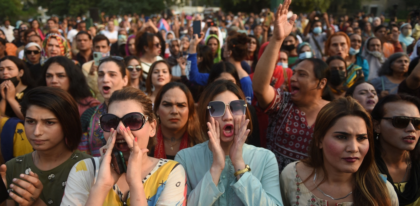 Pakistan's transgender community activists and supporters gather during Moorat march in Karachi on November 20, 2022.