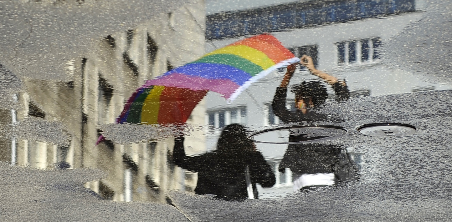 Marchers at a Pride event in Slovakia, reflected in water