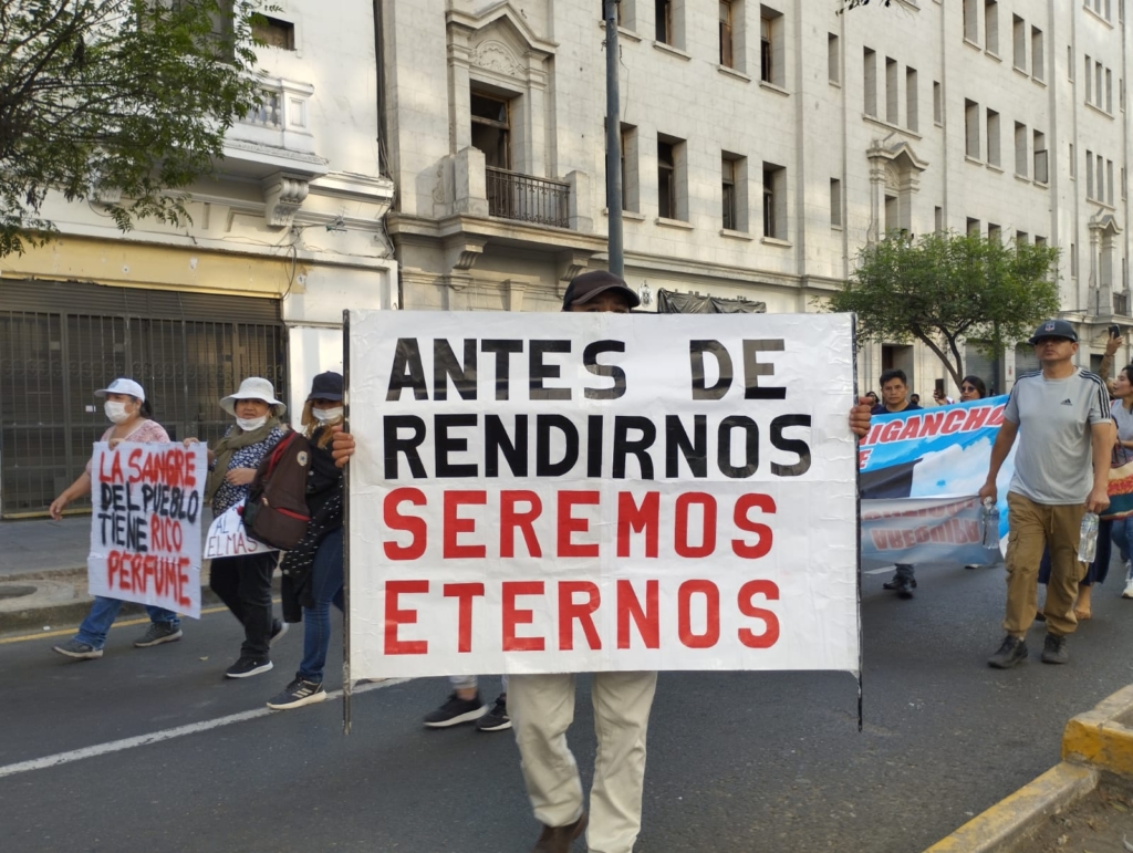Protesters march through Lima carrying placards
