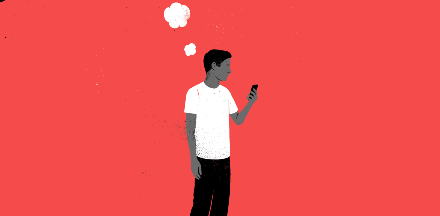A graphic of a man holding a cellphone with a thought bubble above his head. The background is red.