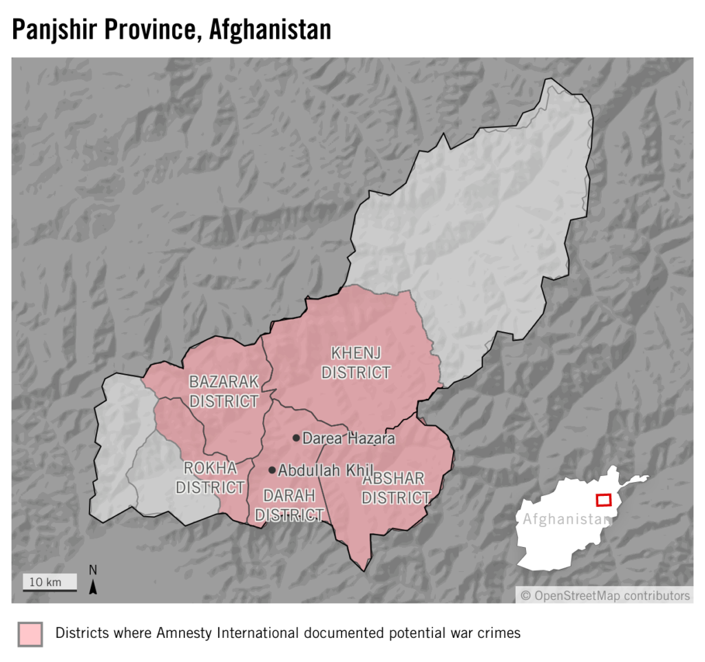 Mapa en el que se muestra la provincia de Panjshir, al noreste de Afganistán y, resaltados, los cinco distritos en los que Amnistía Internacional documentó posibles crímenes de guerra.