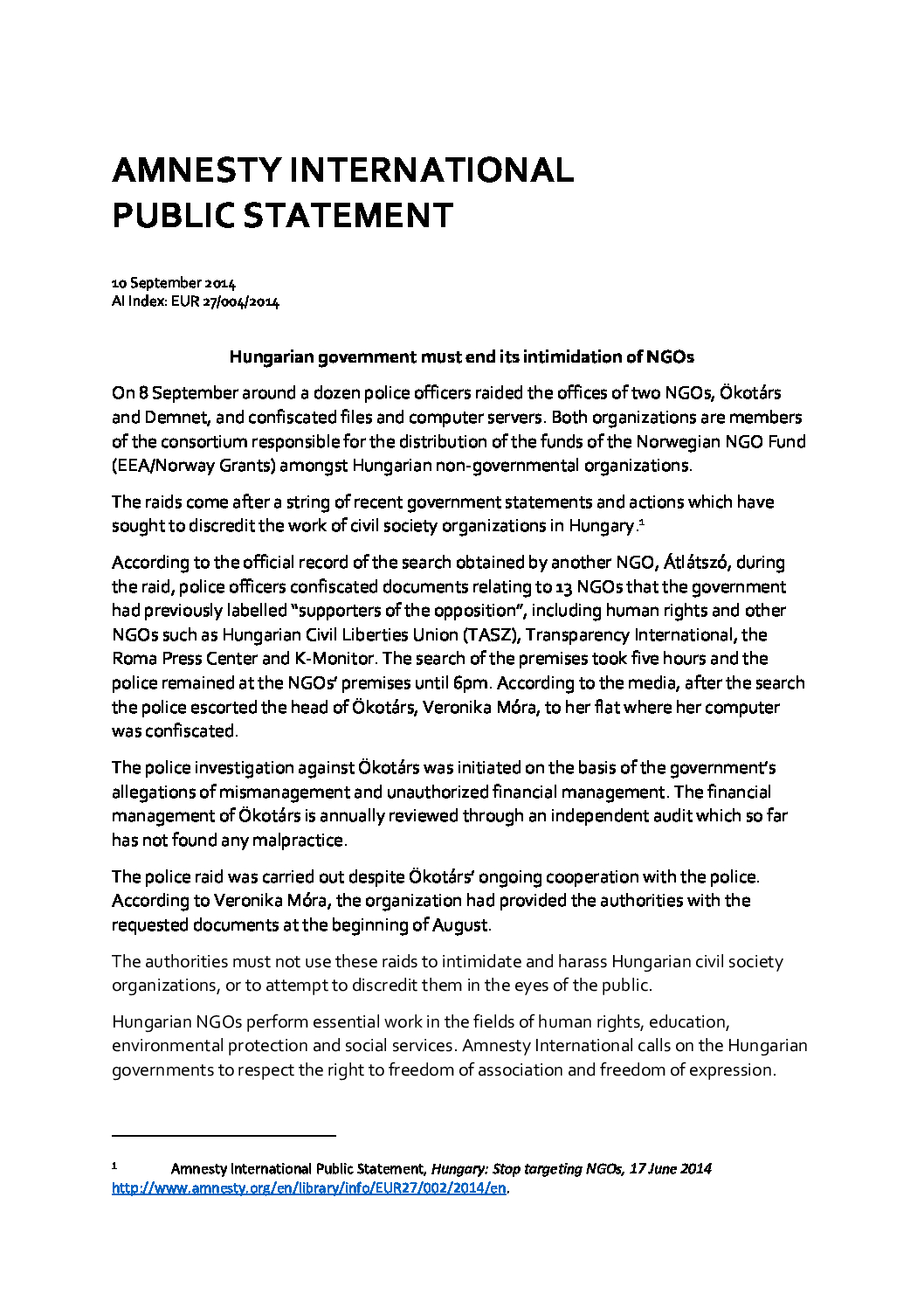 Hungarian government must end its intimidation of NGOs - Amnesty