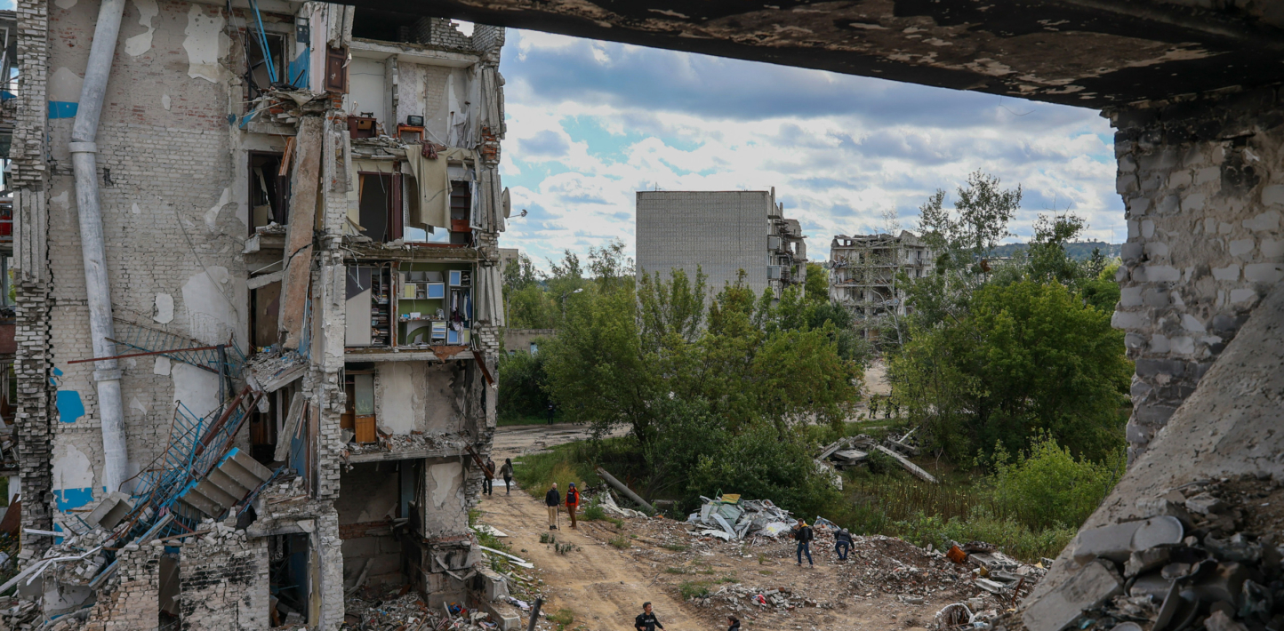 A partially destroyed block in Izyum City in the Kharkiv  region of Ukraine