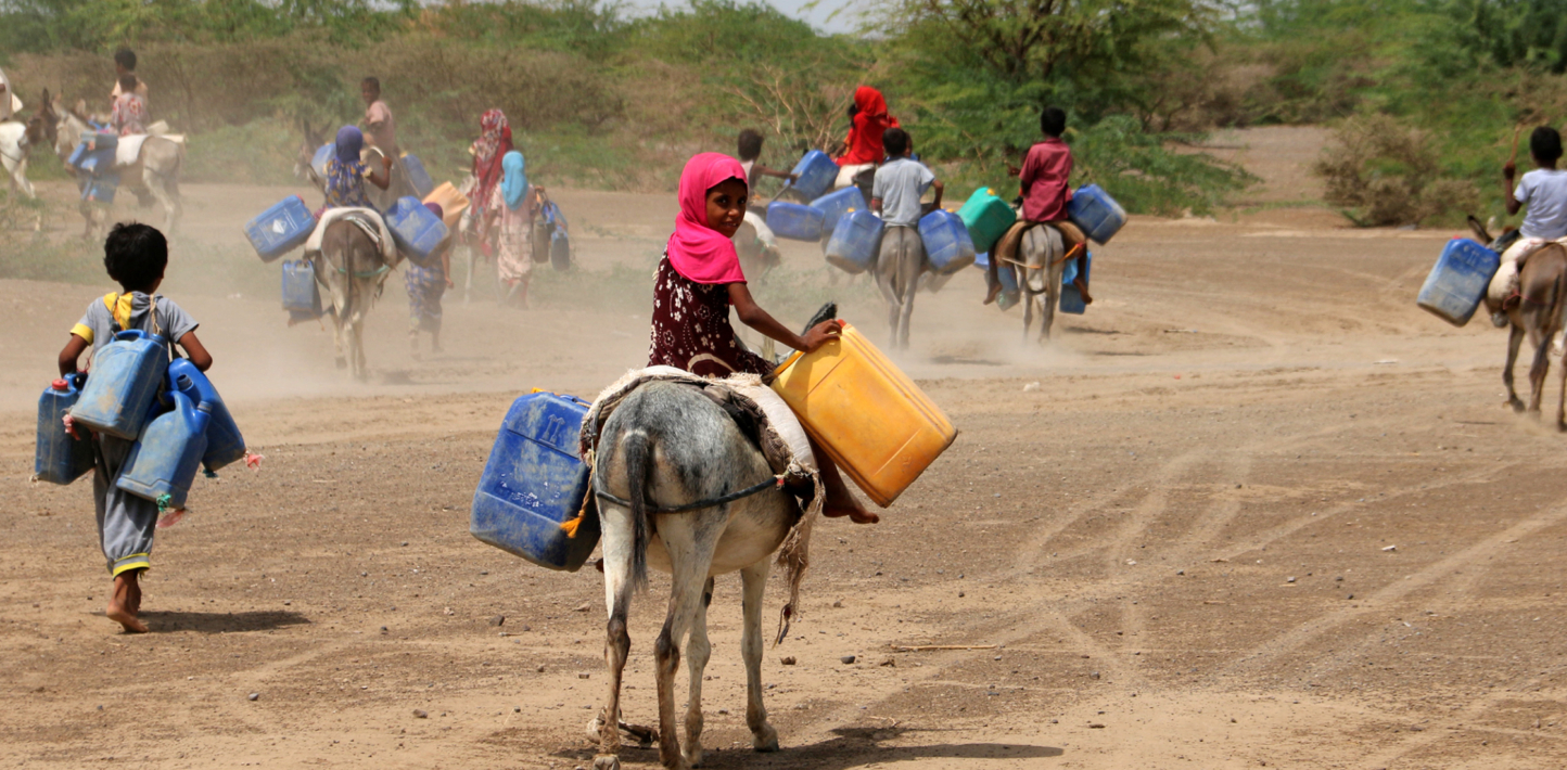 Children walk or ride donkeys to fetch water in scorching heat in Yemen