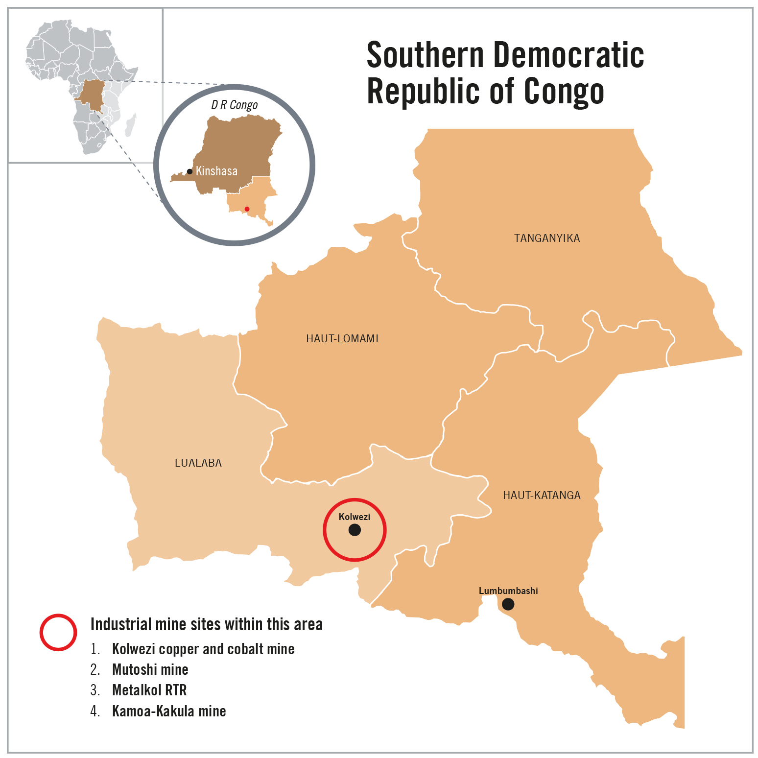 Map of Southern Democratic Republic of Congo. Four industrial mine sites are pinpointed in this area: 1. Kolwezi copper and cobalt mine 2. Mutoshi mine 3. Metalkol RTR 4. Kamoa-Kakula mine
