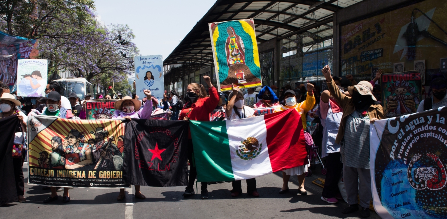 The caravan for water and life, which began in Puebla and includes defenders of the vital liquid and members of indigenous communities, demonstrated in front of the offices of the National Water Commission (CONAGUA for its acronym in Spanish) as part of its activities against capitalist dispossession, including demands such as respect for the self-determination of indigenous peoples, the non-imposition of megaprojects and the release of political prisoners, in Mexico City, on April 5, 2022