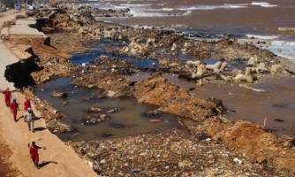 An aerial view shows destruction in the sea shore in Libya's eastern city of Derna on September 19, 2023, following deadly flash floods.
