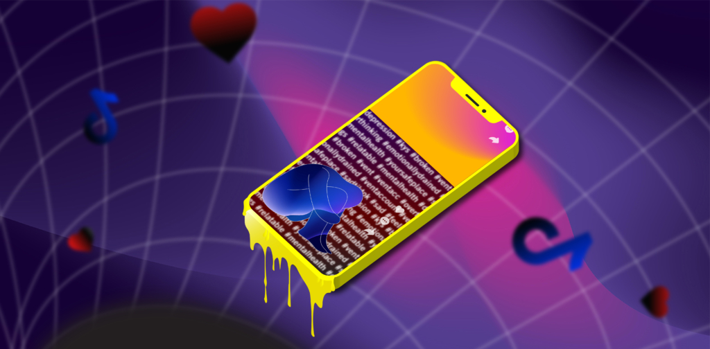 Image d’un téléphone portable avec une silhouette bleue assise, la tête sur les genoux. Un téléphone est en train de fondre au-dessus d’un trou de ver violet représentant TikTok.