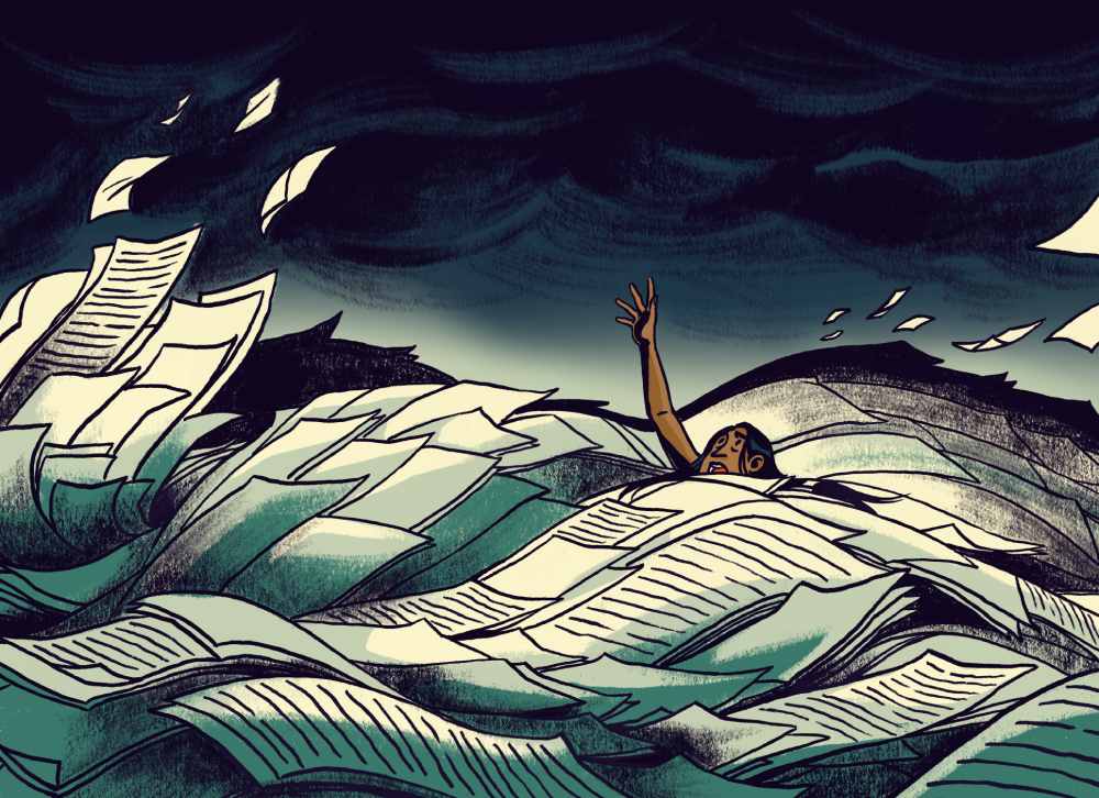 an illustration of a woman drowning in paperwork