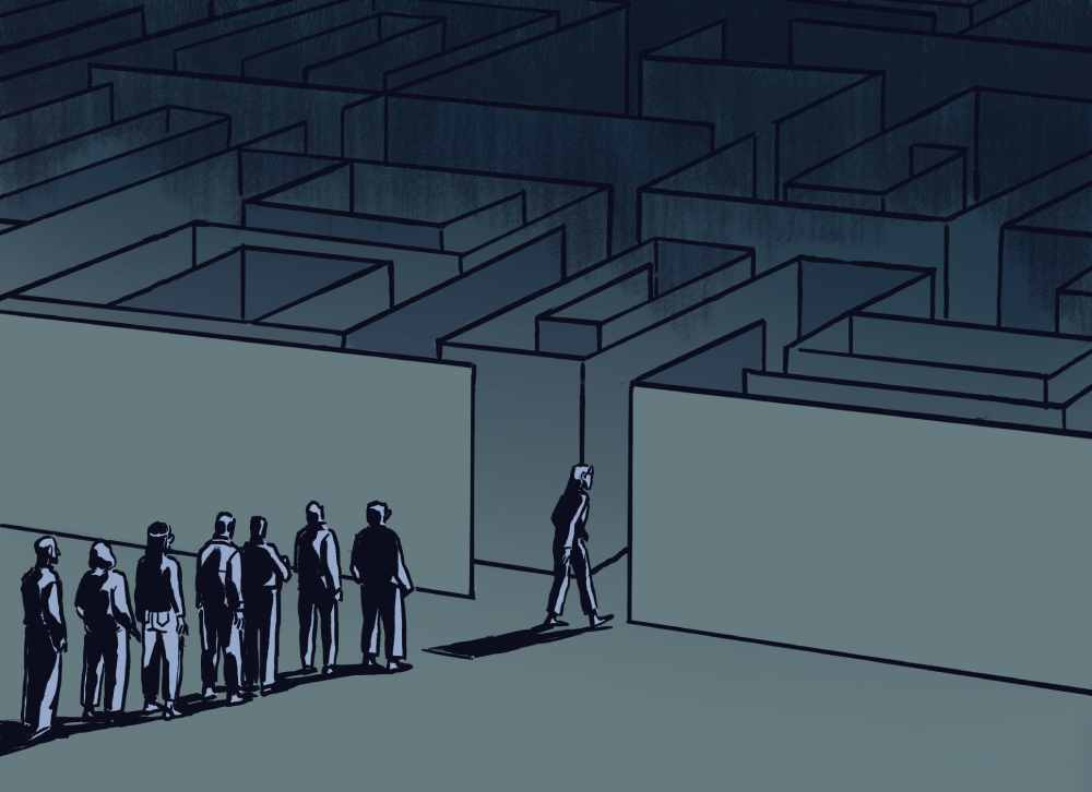 an illustration of a group of people walking into a grey, dark maze