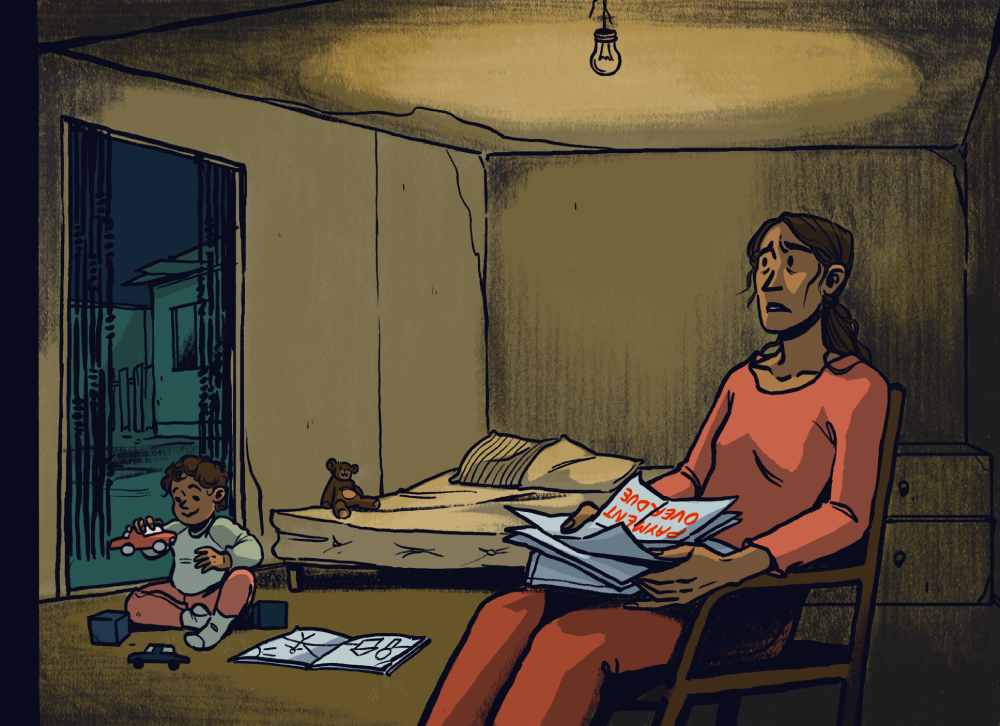 an illustration of a woman sitting in a chair looking at her young child playing with toys. There is a pile of bills on her lap 