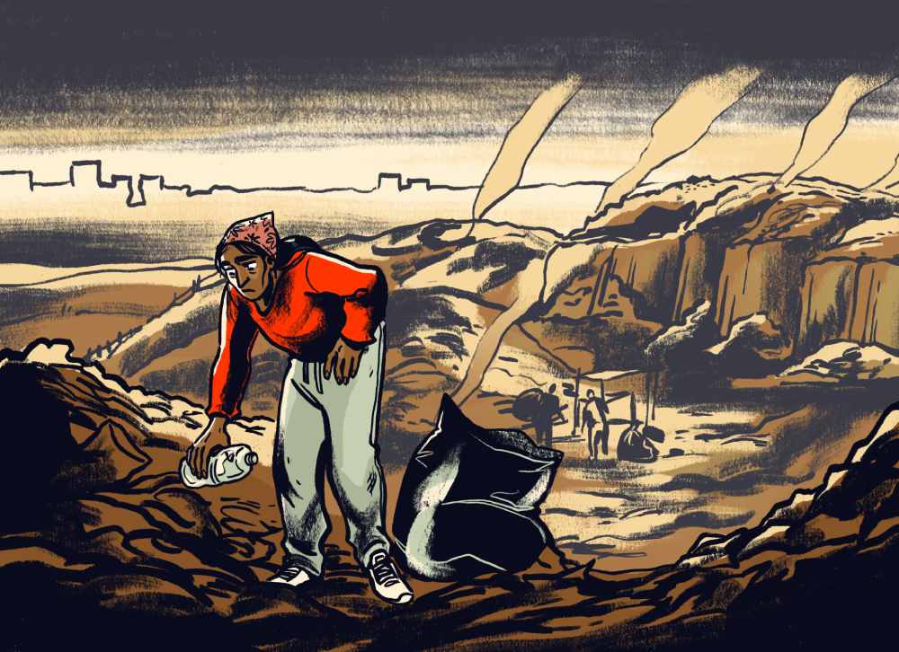An illustration of a  woman in a large field picking up rubbish