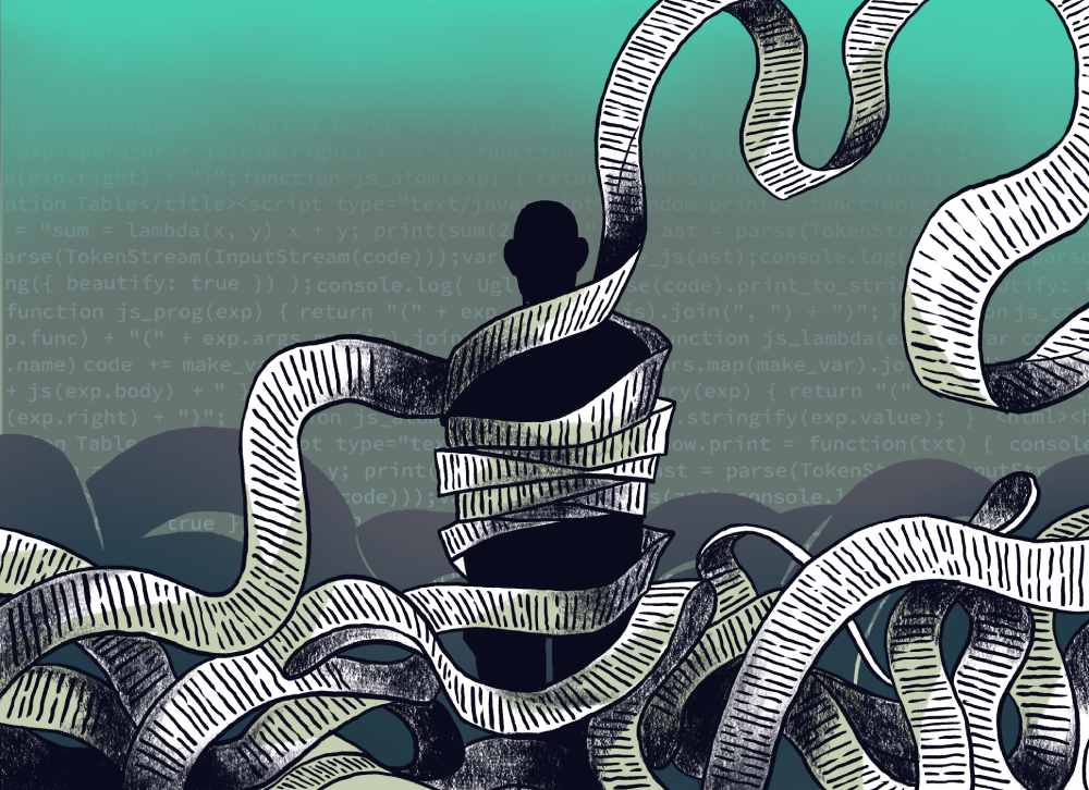 an illustration of a person tangled and wrapped in long lines of paperwork