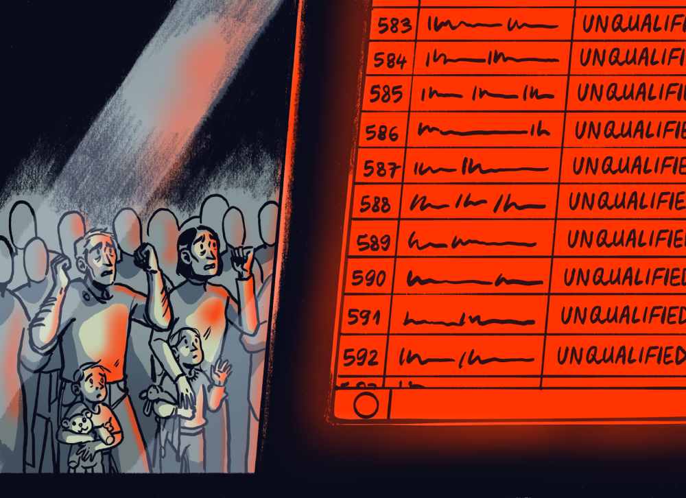 an illustration of a large group of people looking up a a screen in despair as they read the names of unqualified applicants