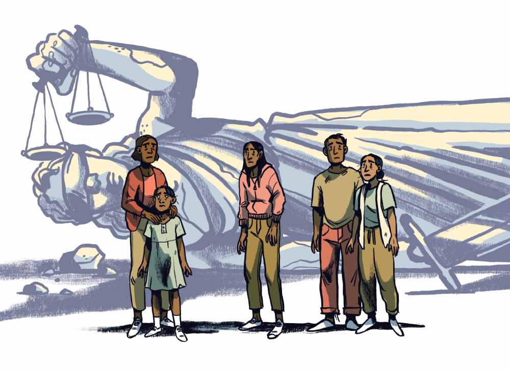 An illustration of a group of people standing in front of a giant lady of justice, who has fallen on her side. 