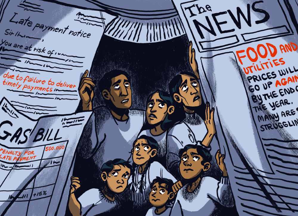 an illustration of a family peaking their heads through a giant pile of news papers and bill notices.