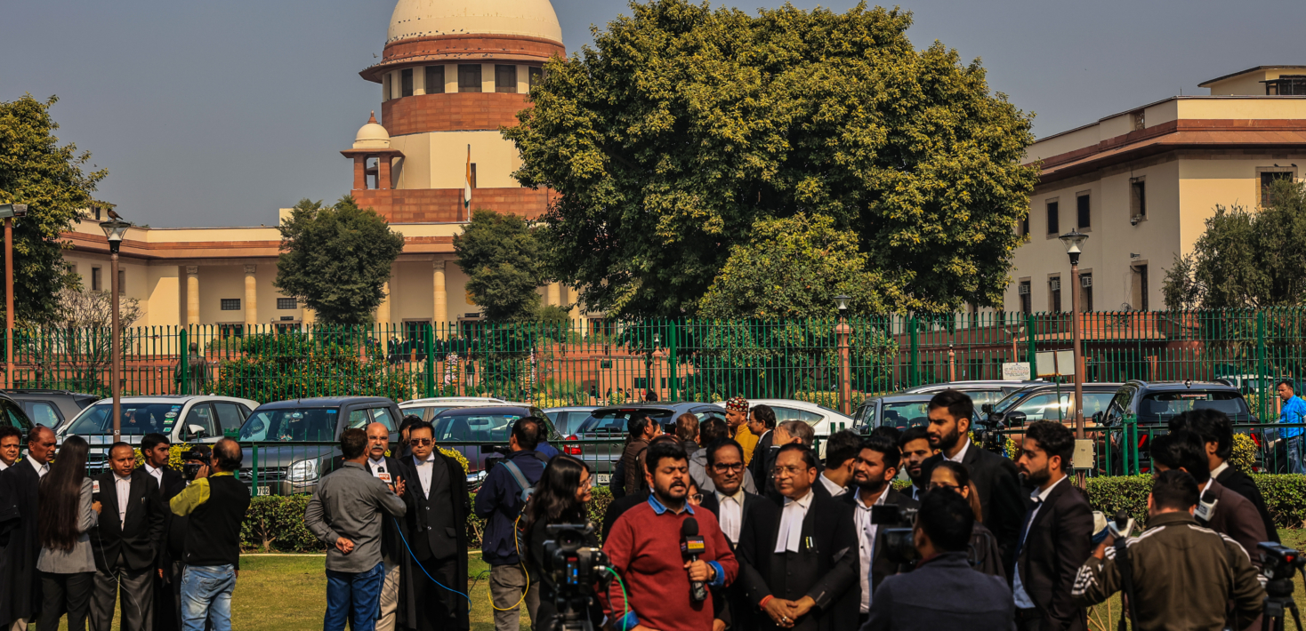 Media Persons , Lawyers are seen inside the premises of Supreme Court during the final Verdict of Jammu and Kashmirs Article 370 in New Delhi India on 11 December 2023