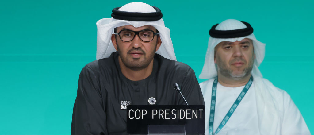 Sultan Ahmed Al Jaber (L), President of the COP28 UNFCCC Climate Conference, and Majid Al-Suwaidi, Director General of the COP28, attend a plenary session on day eleven of the UNFCCC COP28 Climate Conference as negotiations go into their final phase on December 11, 2023 in Dubai, United Arab Emirates.