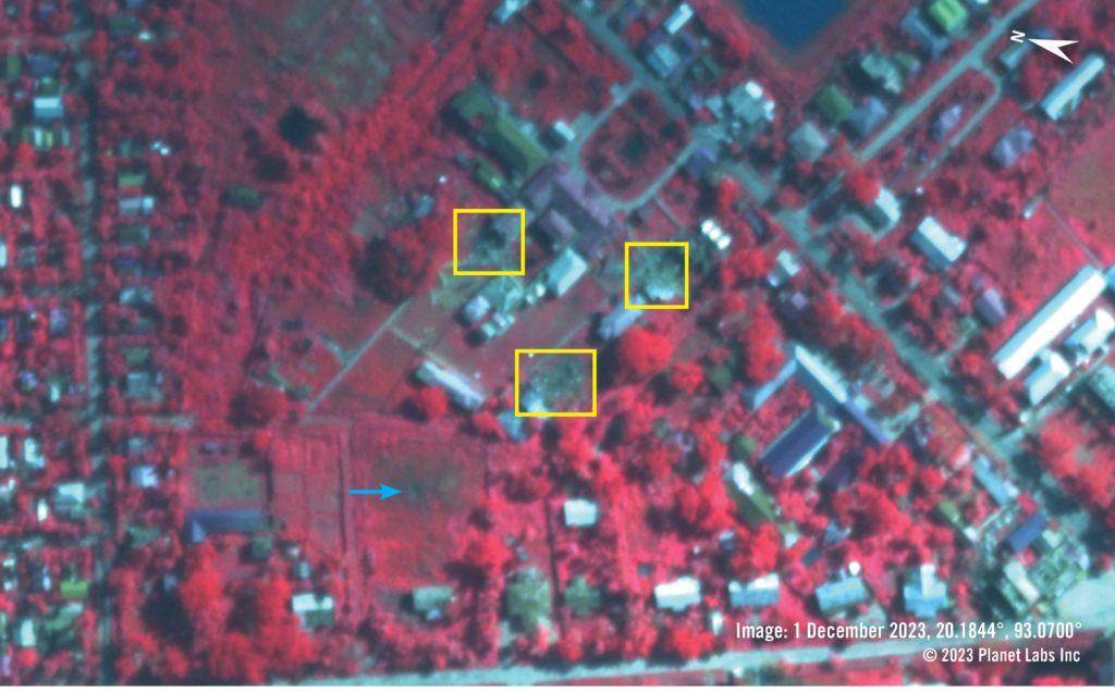 False-colour, near-infrared satellite imagery from 1 December 2023 shows the reported hospital area. Healthy 
vegetation appears in shades of red and unhealthy or burned vegetation appears darker shades of black and brown. 
The imagery shows recently damaged and destroyed structures - highlighted with yellow boxes. A large crater, with an 
approximately four-metre diameter, is highlight with a blue arrow. 