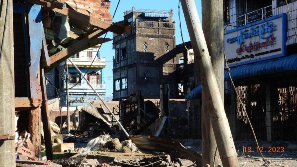 Damaged buildings in Pauktaw, Rakhine State, after weeks of fighting, 18 December 2023. © Private