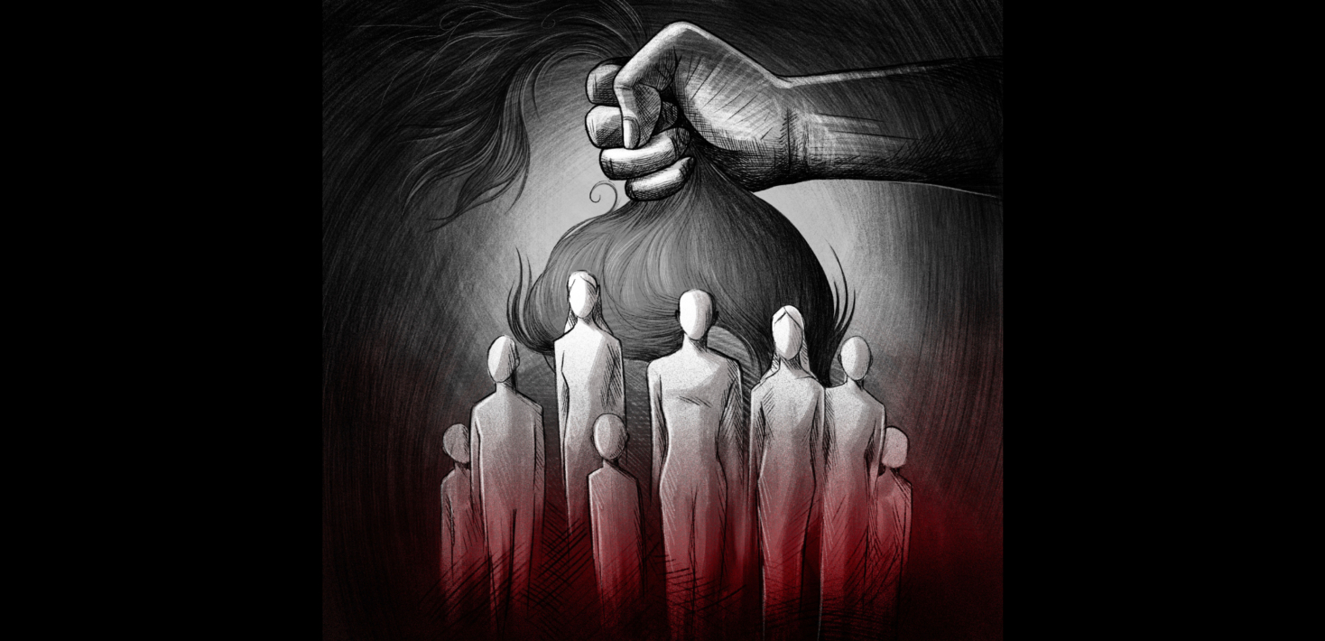 Graphic illustration in charcoal black and white color featuring a hand holding the ponytail of a person representing the repression of protests f in Iran in 2022 that called for the removal of the enforcement of head covering. The forefront of the illustration are silhouettes of several people without features but in different sizes and shapes representing the men, women, and children who have been subjected to sexual violence, rape and other forms of torture as part of Iran's repression campaign against protesters.